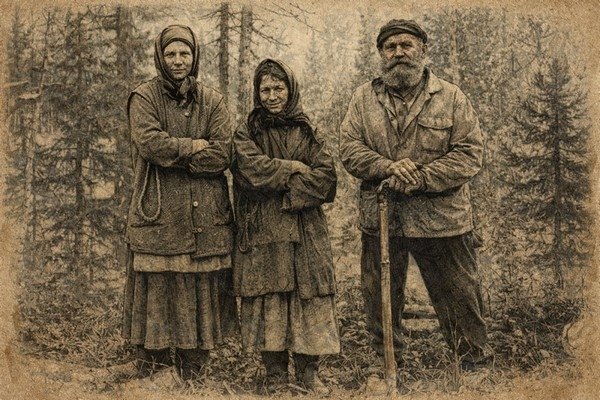 Карп Лыков с дочерями.   Фото из открытых источников сети Интернет. https://sibirnews.ru/articles/kapsula-vremeni-lykovykh-kak-samye-znamenitye-otshelniki-rossii-popali-v-sibirskuyu-taygu-i-vyzhival--30203/