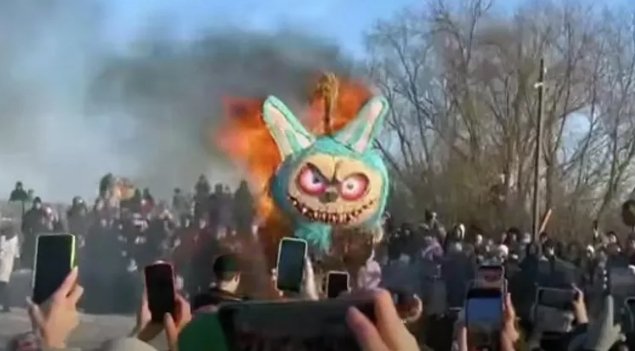 Фото: Кадр видео из соцсетей Чучело злой Лабубу сожгли в археологическом парке "Аграмач" Липецкой области